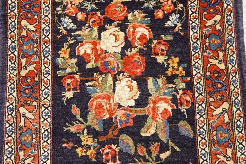 2' x 3' Antique 1900s Persian Sarouk Mohajiran Rose Bouquet Hand-knotted Wool Navy Rug