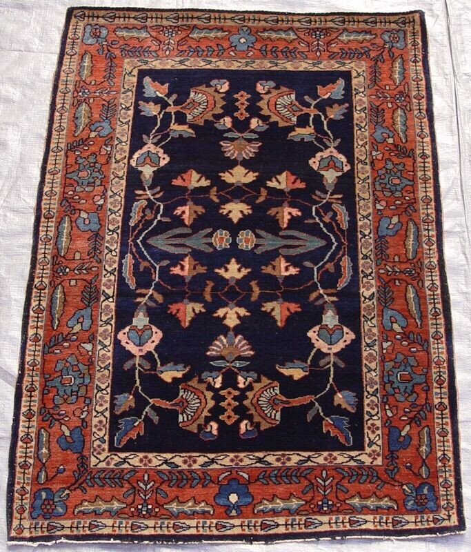 2' x 3' Antique Persian Mohajiran Navy Sarouk Hand-Knotted Wool Rug