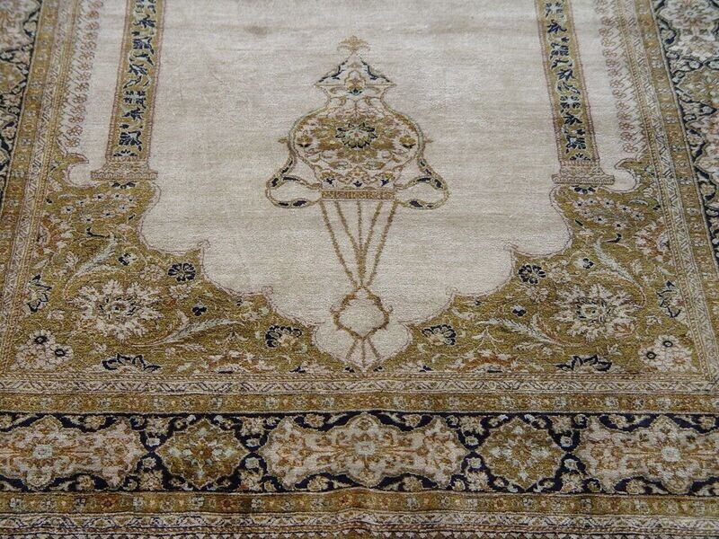 Marvelous Antique Persian Qum 100% Silk Hand-Knotted Prayer Ivory Oriental Rug 3'6" x 5'9"