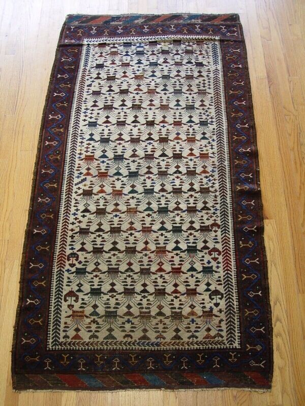 3'6" x 6'10"  Antique 1880s Persian Tribal Baluch Hand-knotted Ivory Wool Oriental rug