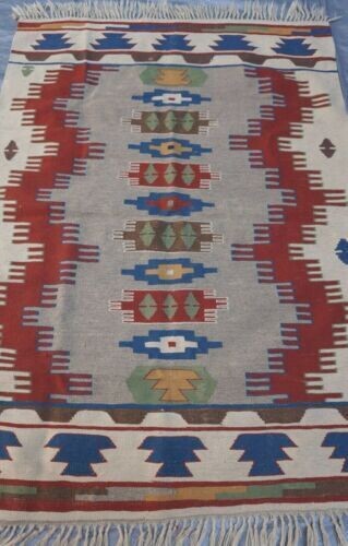 VINTAGE TURISK KILIM  3'7" x 5'6"  HAND WOVEN 100% WOOL ORIENTAL RUG