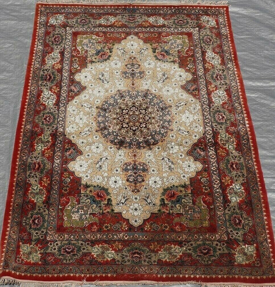 Rare Antique Persian Isfahan Signed Silk & Wool Hand-Knotted Rug Silk Foundation Rug 3'7" x 5'6"