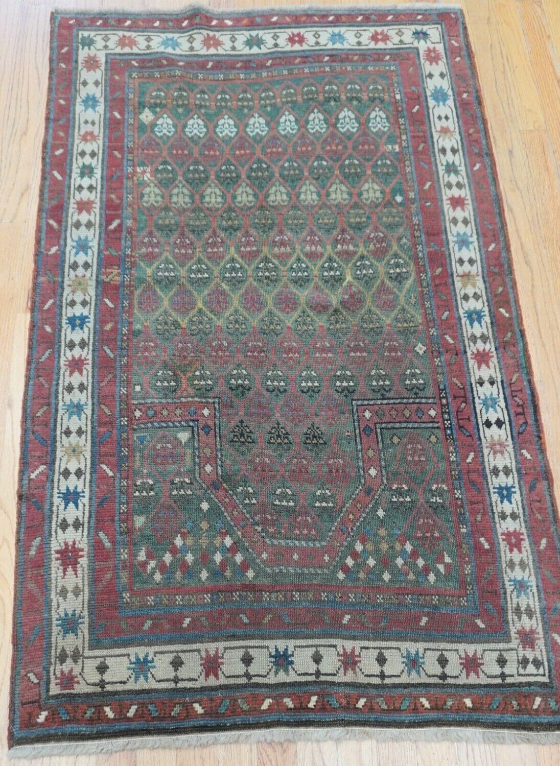 3' x 5' Antique Caucasian Prayer Kazak Karabagh Wool Green Oriental Rug