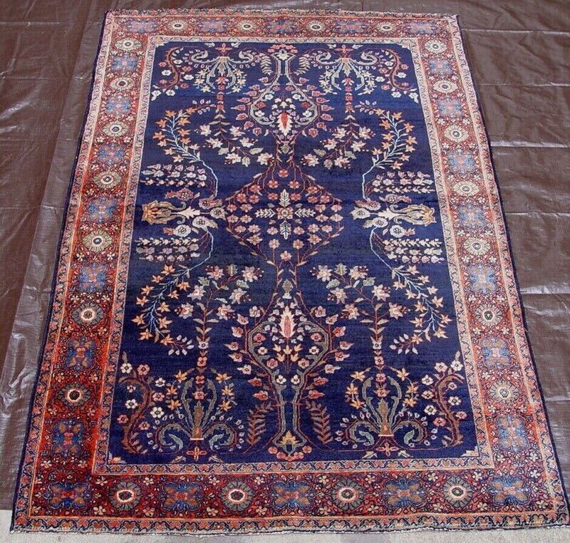 4'3" x 6'6" Antique 1900s Persian Mohajiran Sarouk Blue Hand Knotted Wool Oriental Rug Cleaned