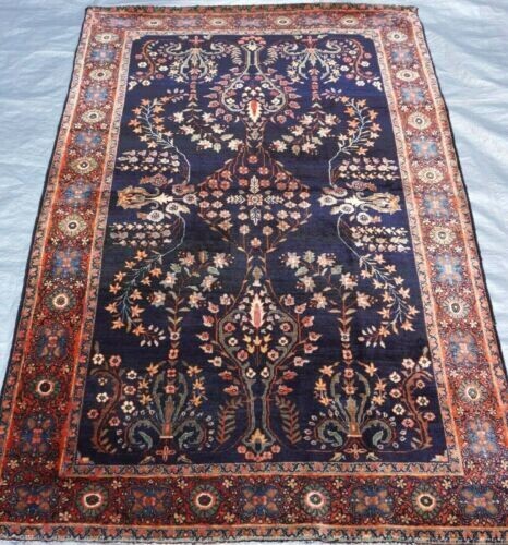 4'3" x 6'6" Antique 1900s Persian Mohajiran Sarouk Blue Hand Knotted Wool Oriental Rug Cleaned