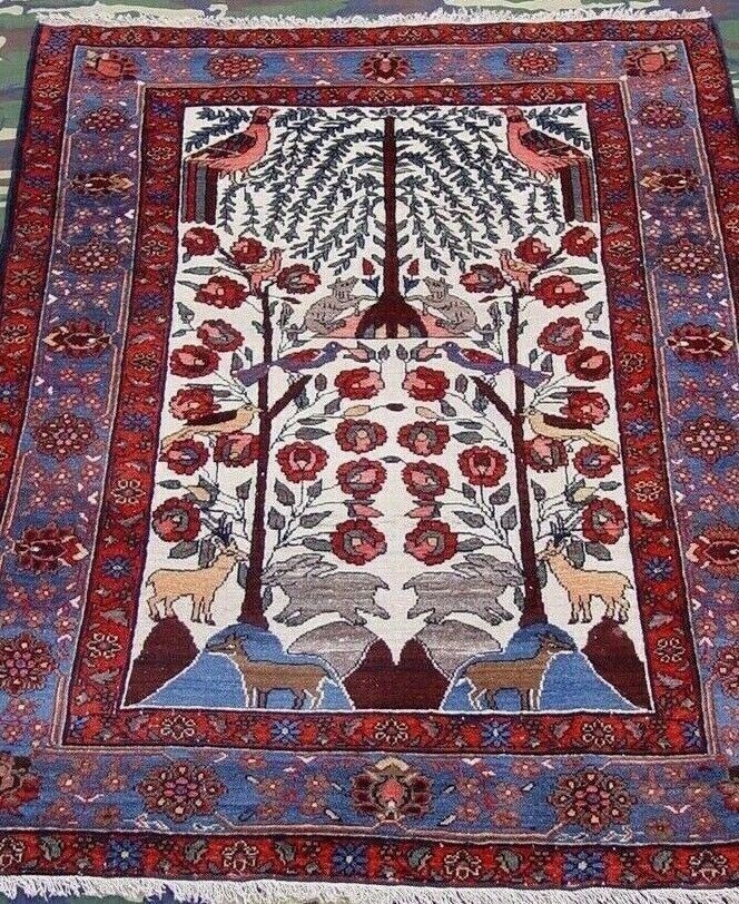 4'4" x 6' Antique Persian Bakhtiyari Tree of Life Hand-knotted Wool  Rug with Animals & Birds