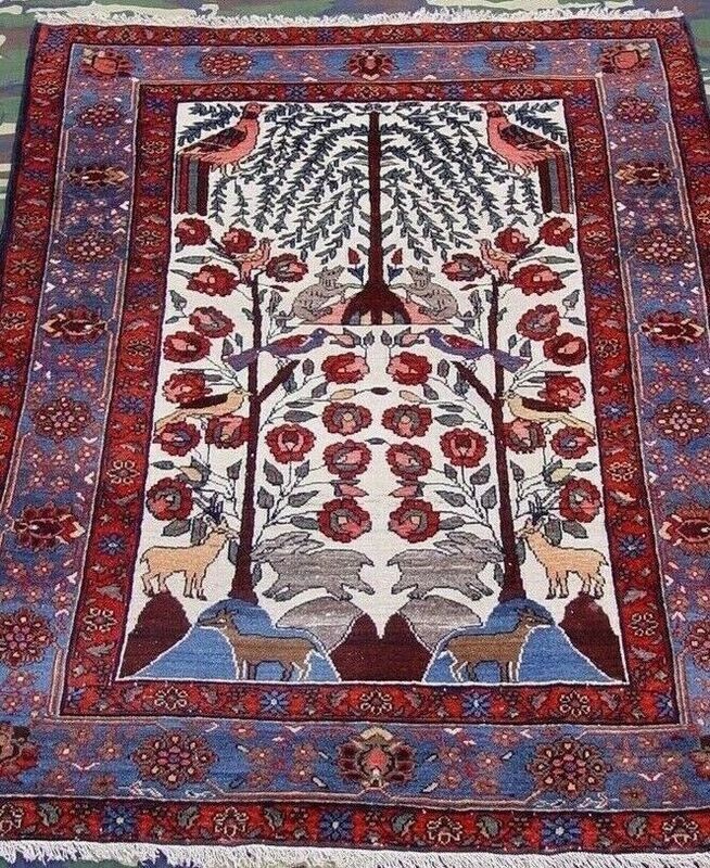4'4" x 6' Antique Persian Bakhtiyari Tree of Life Hand-knotted Wool  Rug with Animals & Birds