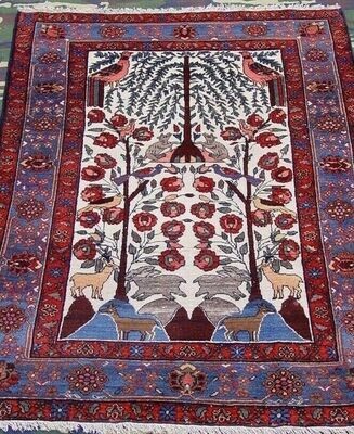 4'4" x 6' Antique Persian Bakhtiyari Tree of Life Hand-knotted Wool  Rug with Animals & Birds