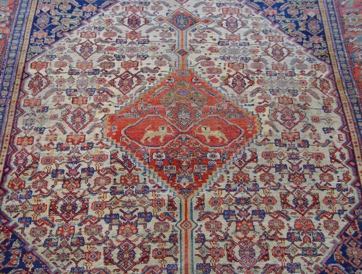 4'6" x 6'6" Antique 1850s Persian Senneh Lions Hand Knotted Rug