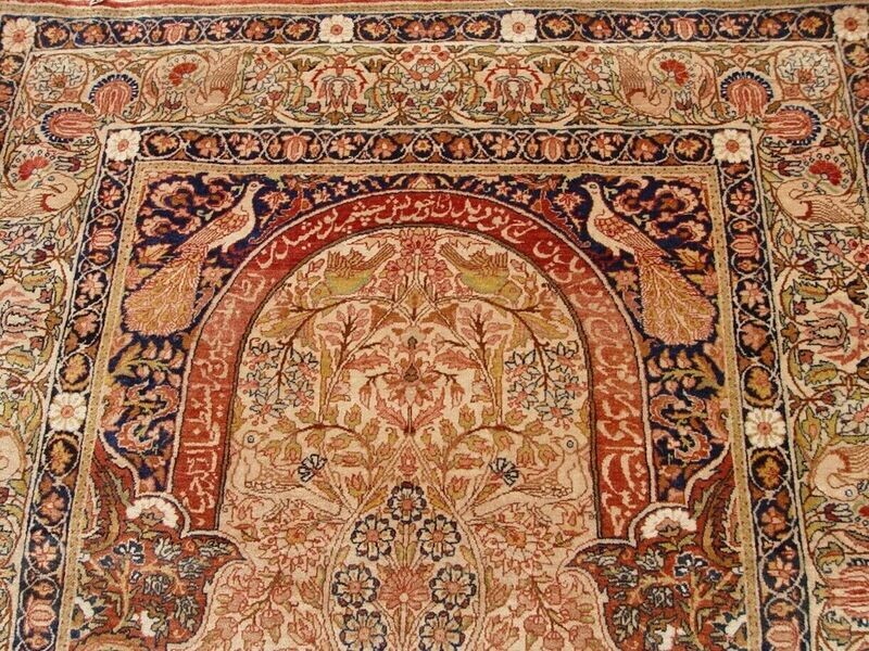 4'6" x 7'6" Antique Persian Ravar Kerman  Hand knotted Rug with Tree of Life Design Poems  Animals Birds