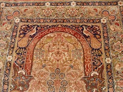 4'6" x 7'6" Antique Persian Ravar Kerman  Hand knotted Rug with Tree of Life Design Poems  Animals Birds