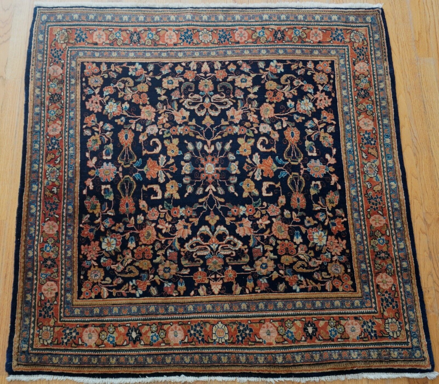 4' x 4'  ANTIQUE KASHAN NAVY HAND KNOTTED WOOL ORIENTAL RUG SQUARE