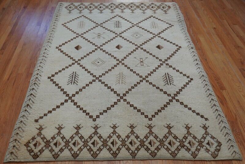 5'5" x 8' Antique Moroccan Hand Knotted Natural Ivory Wool Rug