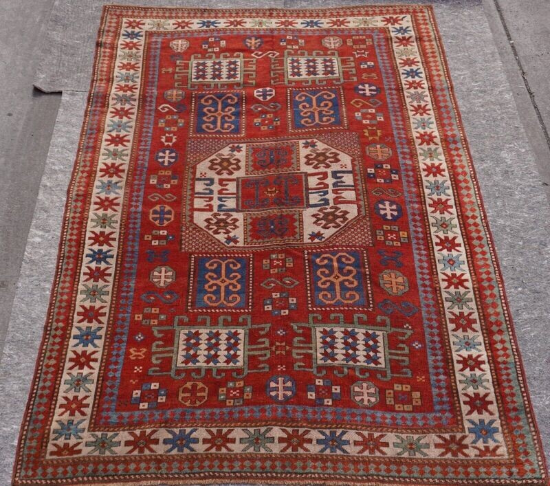 5'6" x 7'8" ANTIQUE CAUCASIAN KARACHOV KAZAK HAND KNOTTED WOOL LARGE RUG