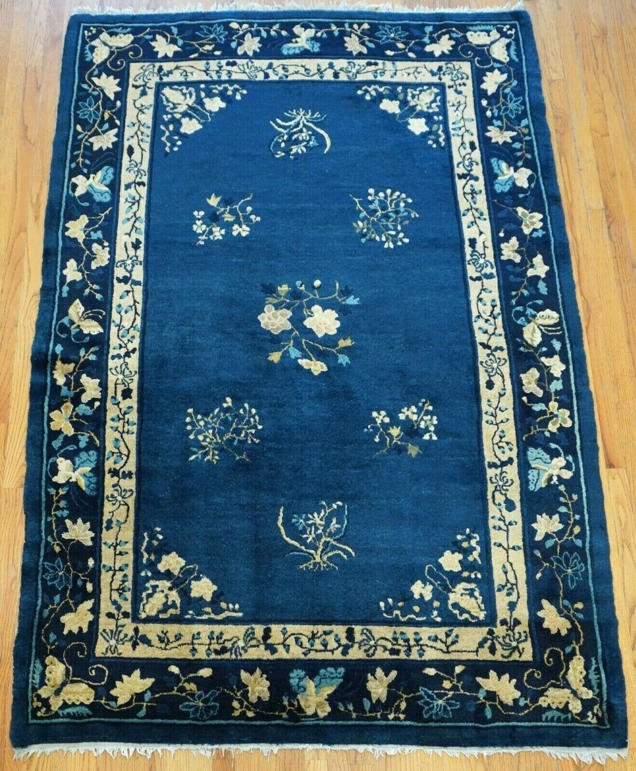 5'2" x 7'9" Antique 1900s Chinese Peking Hand-Knotted Wool Blue Oriental Rug