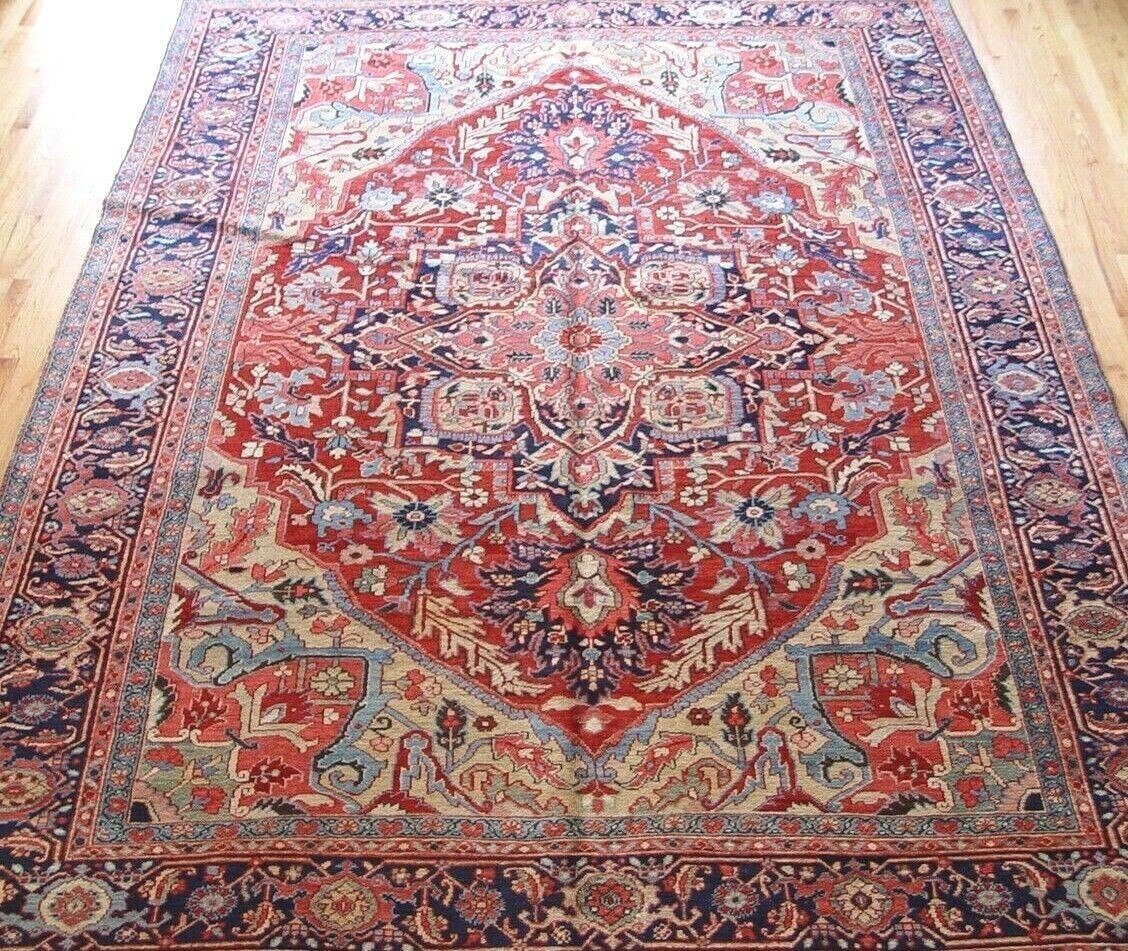 8'7" x 11'7" Antique 1900S Persian Herizz  Serapi Hand Knotted Wool Rug Excellent