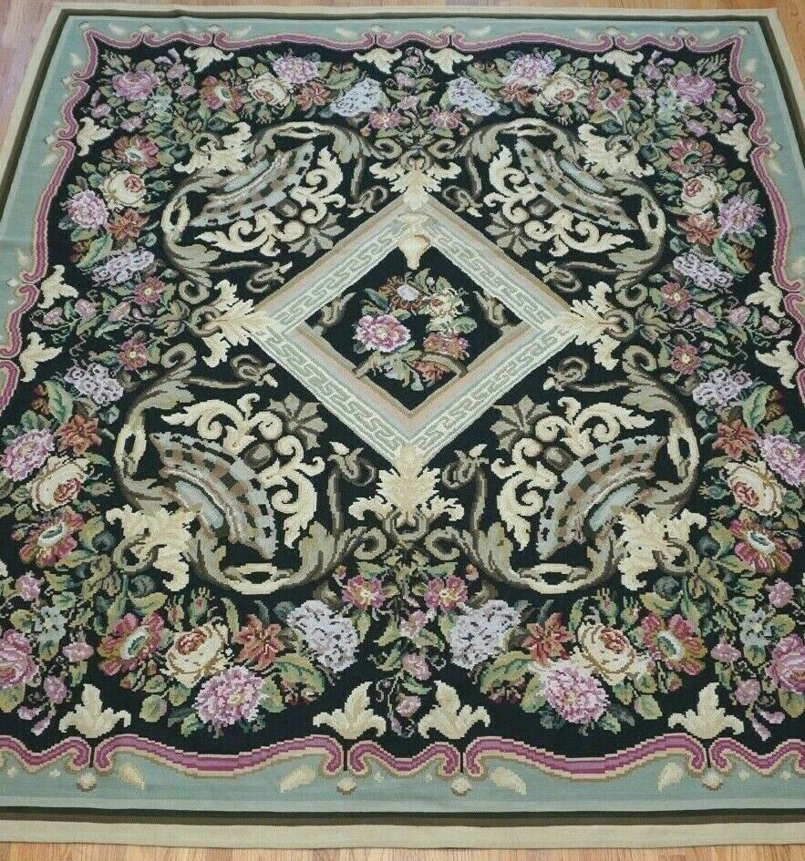 Antique Bessarabian Flatweave Kilim  8'9" x 9'8"  Flowers Large Rug Excellent