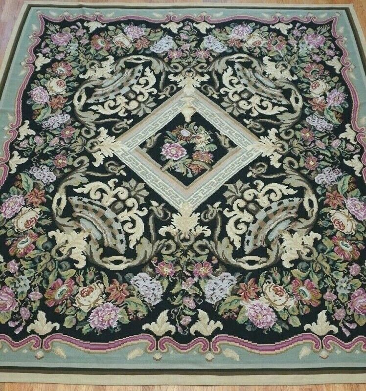 Antique Bessarabian Flatweave Kilim  8'9" x 9'8"  Flowers Large Rug Excellent
