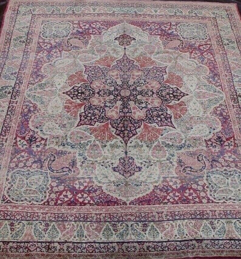8' x 10' Antique 1850s Persian Kermanshah Signed Hand-knotted Wool Ivory Rug Excellent