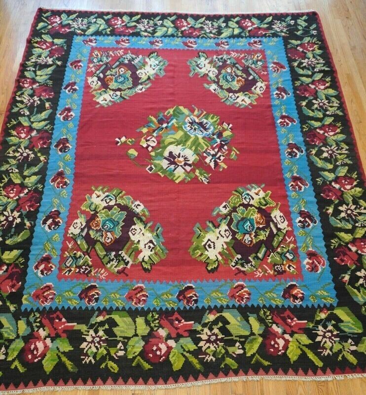 ANTIQUE BESSARABIAN KILIM 9' x 12'  HAND WOVEN 100% WOOL LARGE FLAT WEAVE RUG