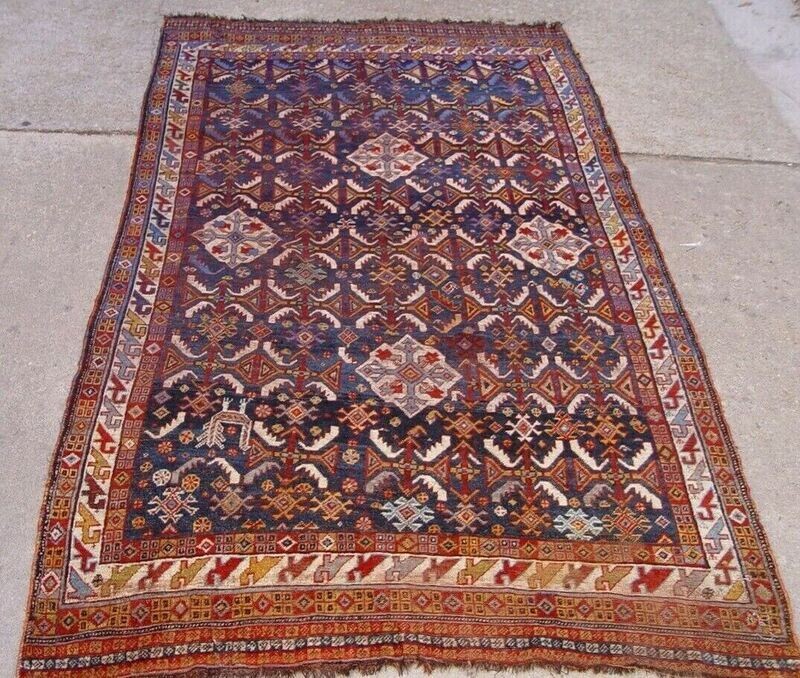 4'3" x 7'8" Antique 1850 Persian Tribal Khamseh Morghi with one Bird  Hand Knotted 100% Wool Rug