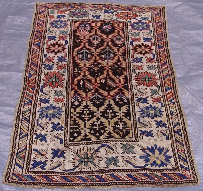 3' x 4'7" ANTIQUE 1880s CAUCASIAN GENJE HAND KNOTTED WOOL TRIBAL RUG