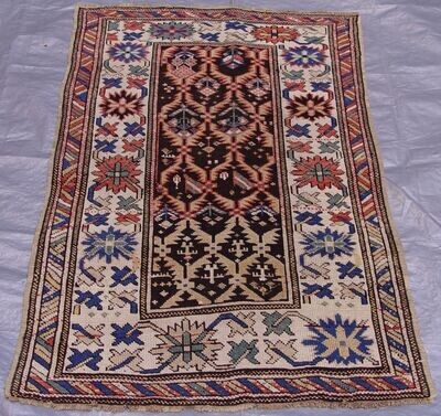3' x 4'7 3' x 4'7" ANTIQUE 1880s CAUCASIAN GENJE HAND KNOTTED WOOL TRIBAL RUG