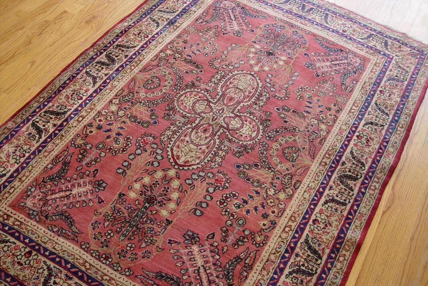 4'3" x 6'5" Antique 1880s Persian Ravar Kerman Hand Knotted Wool Pink Rose Rug