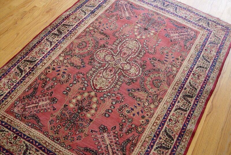 4'3" x 6'5" Antique 1880s Persian Ravar Kerman Hand Knotted Wool Pink Rose Rug