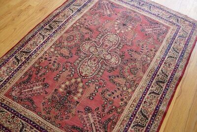 4'3 4'3" x 6'5" Antique 1880s Persian Ravar Kerman Hand Knotted Wool Pink Rose Rug