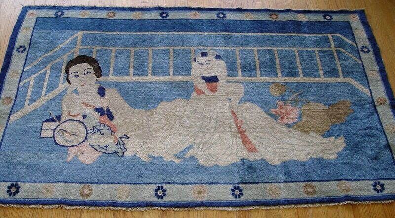 3'7" x 6' Antique 1900s Chinese Peking Pictorial Mother Child Hand Knotted Wool Oriental Rug