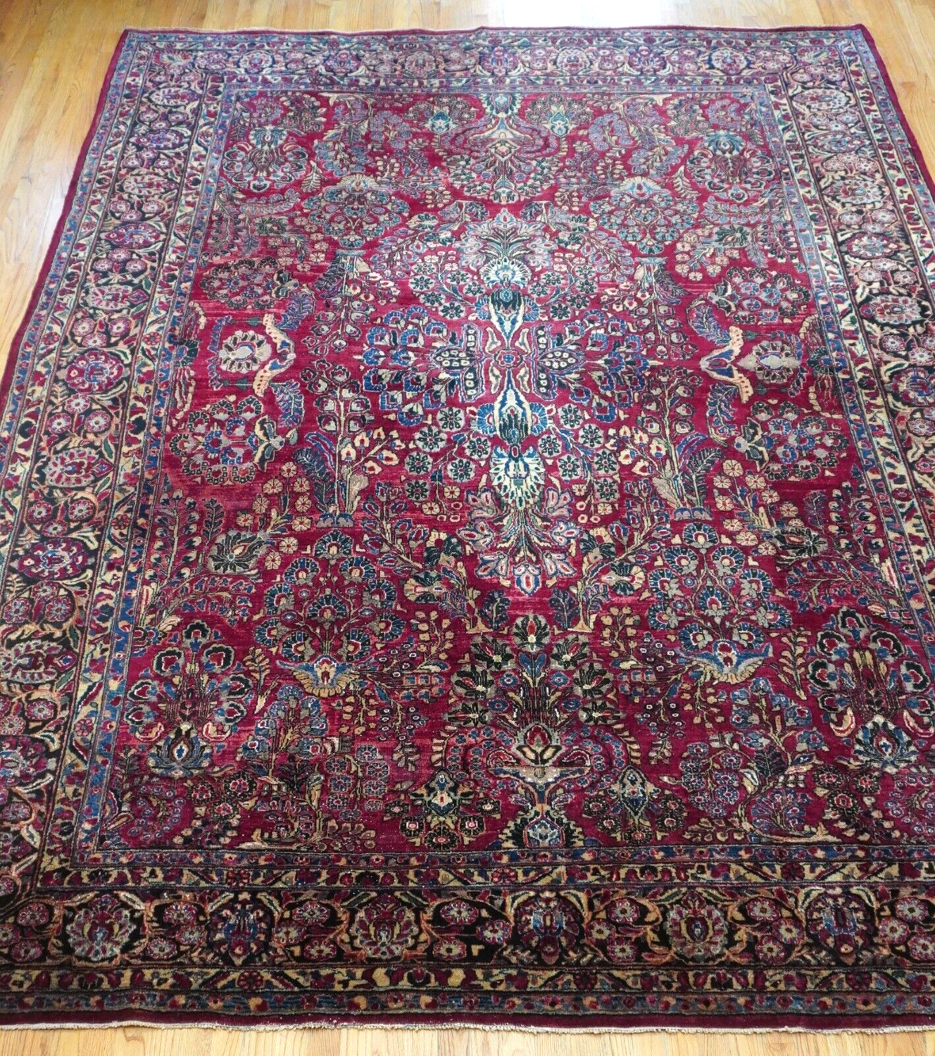 8'8"x11'6" ANTIQUE PERSIAN SAROUK HAND-KNOTTED WOOL  FLORAL RUG