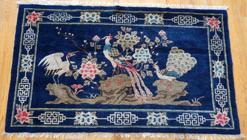 3'3" x 5'9" Antique Tibetan Phoenix Peacock Birds Hand Knotted Wool Blue Rug