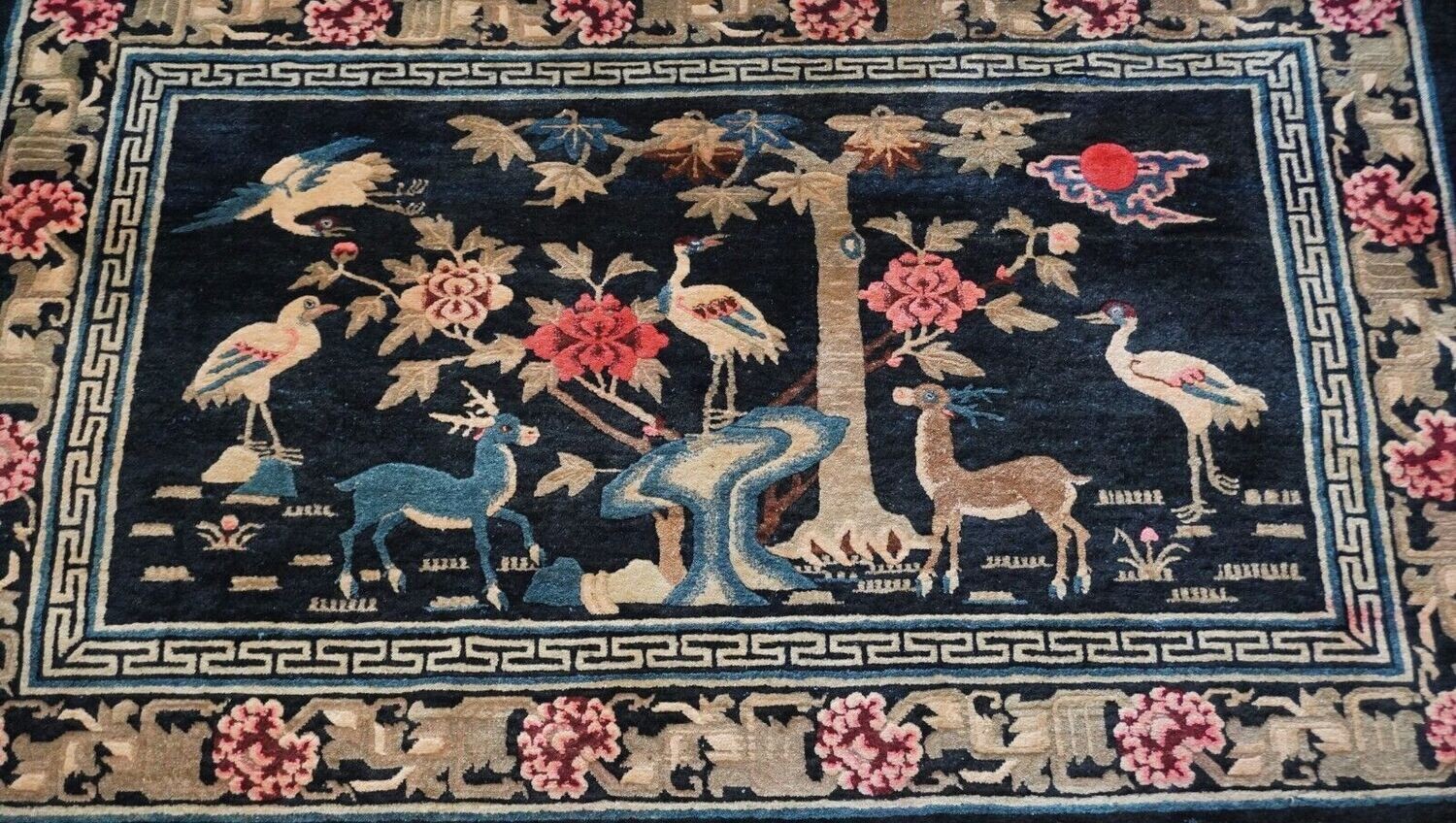4'4" x 6'9" Antique Tibetan Chinese Pictorial Hand Knotted Wool with Animals  Birds Oriental Rug