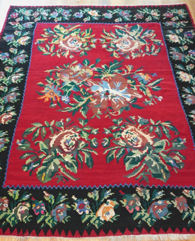 Antique Turkish Bessarabian Kilim  8'8" x 11'3"  Hand Woven Floral Wool Large Rug