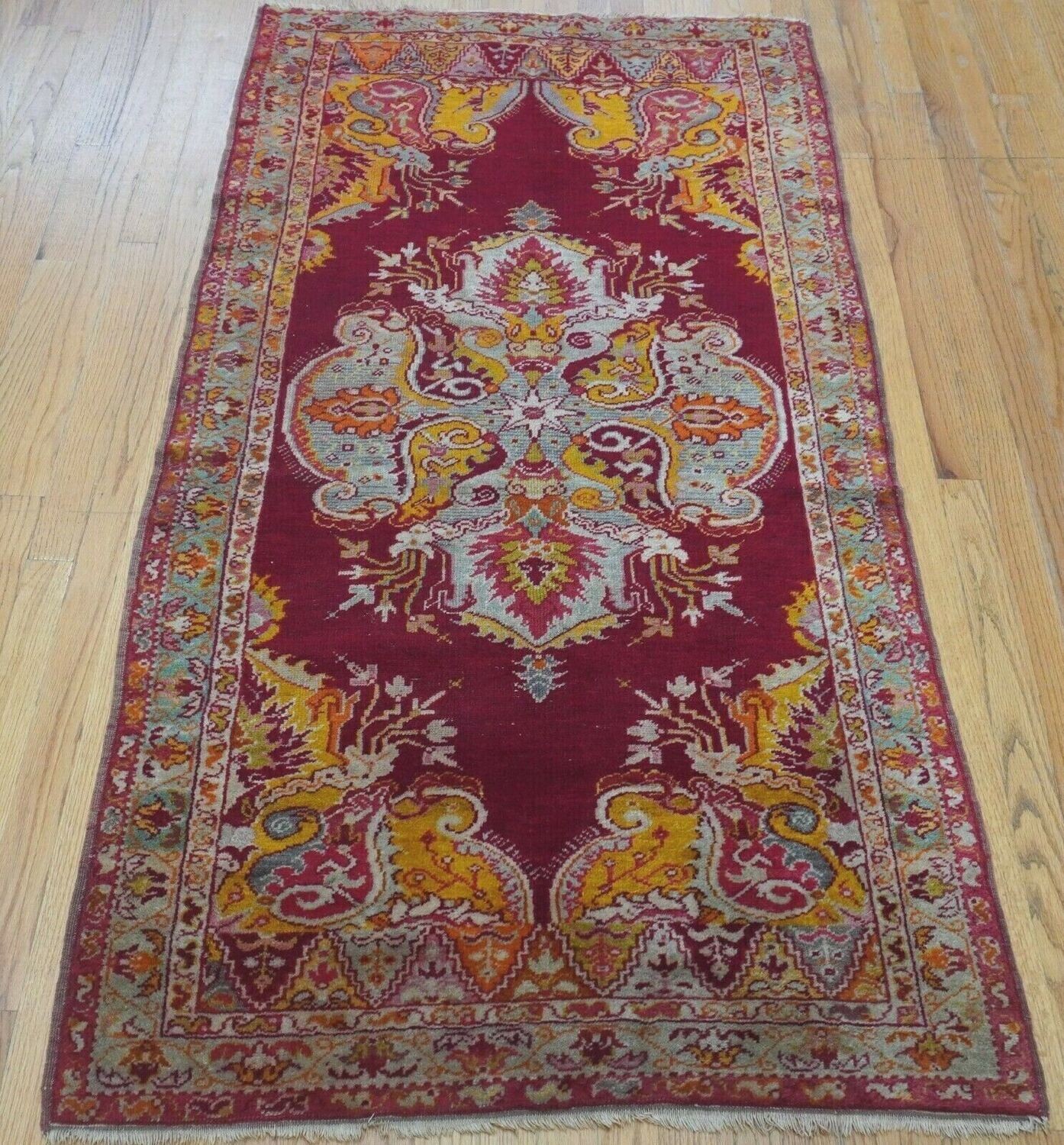ANTIQUE TURKISH OUSHAK 3'x 6'  HAND KNOTTED 100% WOOL RUG