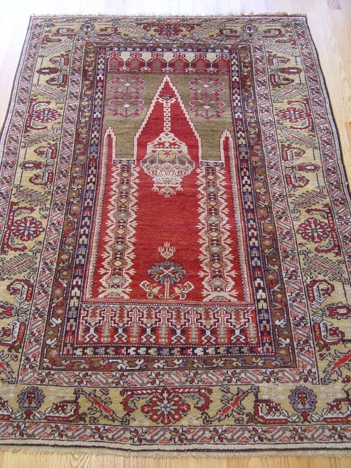 4' x 6'4"ANTIQUE TURKISH PRAYER KAISARIEH HAND-KNOTTED WOOL RUG