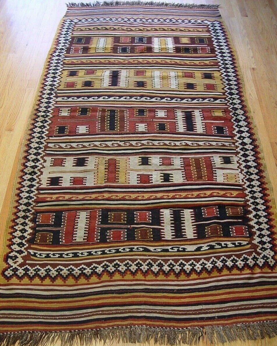 ANTUQUE PERSIAN KILIM KURDISH 4'9" x 8'8" TRIBAL HAND WOVEN WOOL RUG