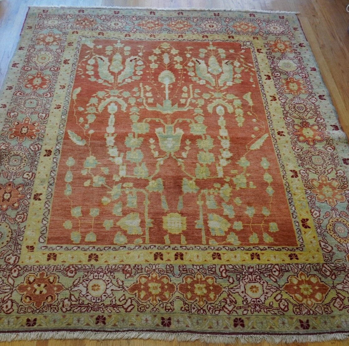 Lovely Oushak Turkish 8' x 9'9" Hand-Knotted 100% Wool Azeri Oriental Rug