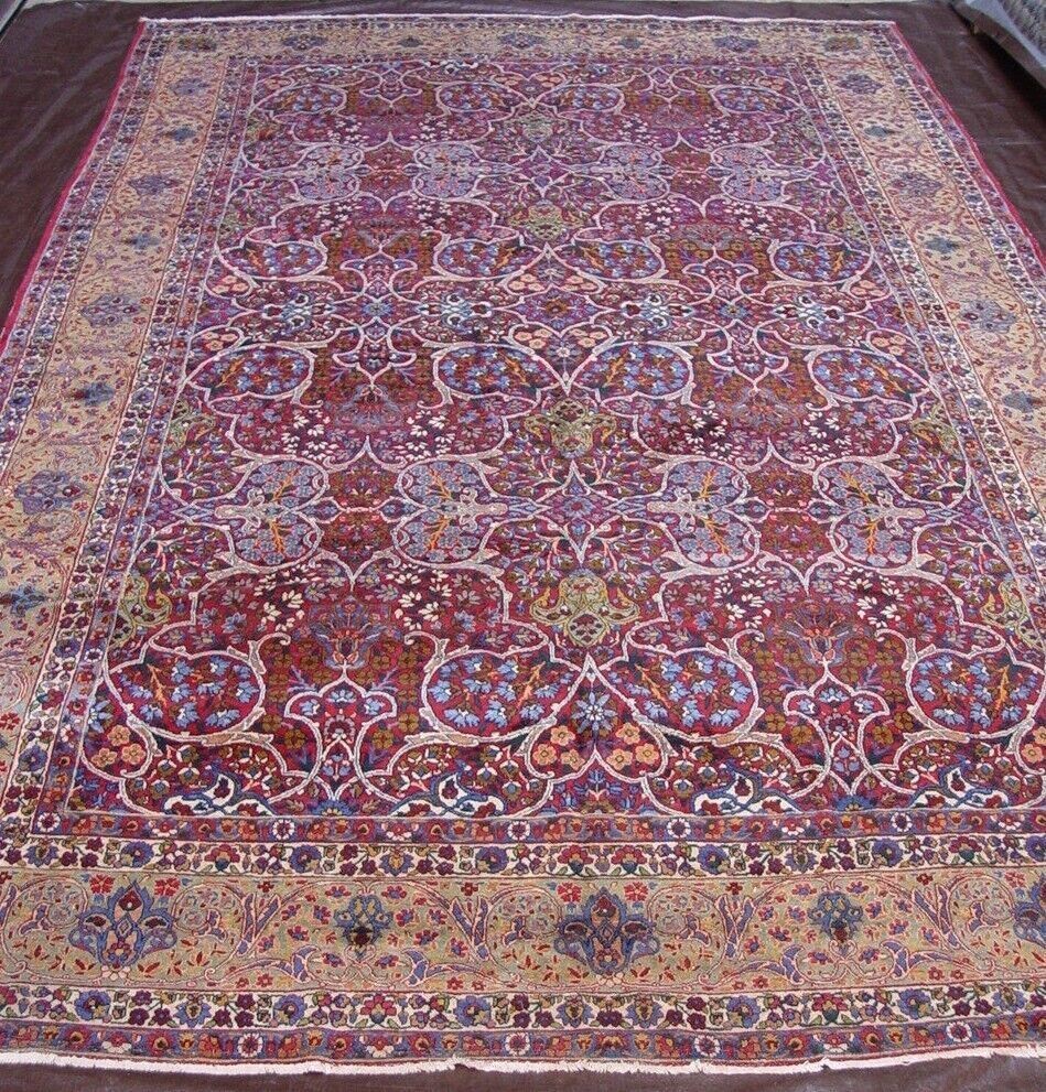 ANTIQUE 1900s PERSIAN KERMAN 8'9" x 13'9" HAND KNOTTED WOOL ORIENTAL RUG