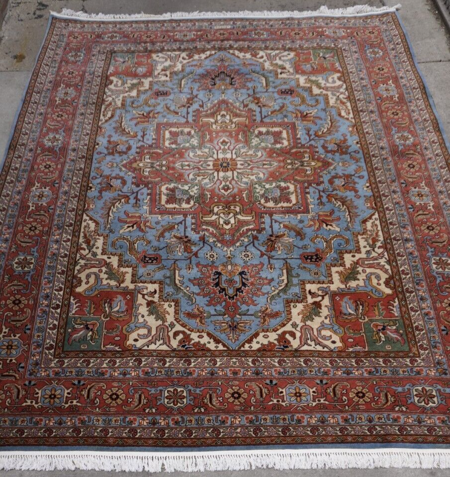 9' x 12' ROMANIAN TABRIZZ HERIZZ SIGNED BLUE HAND KNOTTED WOOL ORIENTAL RUG