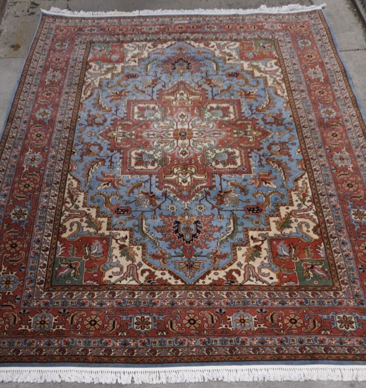 9' x 12' ROMANIAN TABRIZZ HERIZZ SIGNED BLUE HAND KNOTTED WOOL ORIENTAL RUG