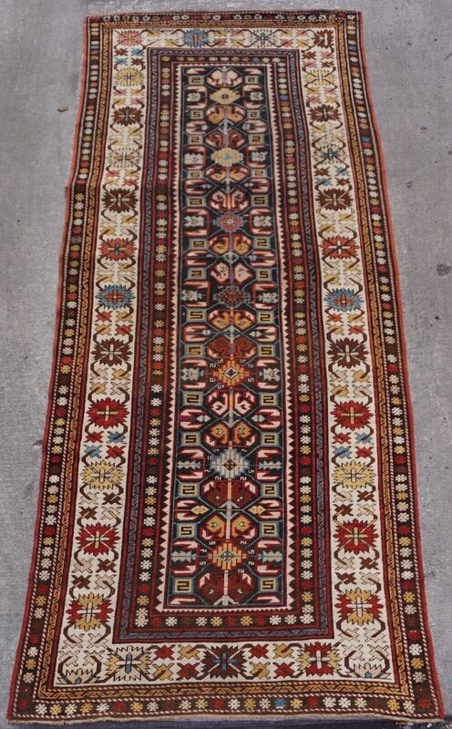 Rare Antique 1880s Caucasian Gendje 3'8" x 9' Hand-Knotted 100% Wool Runner Rug