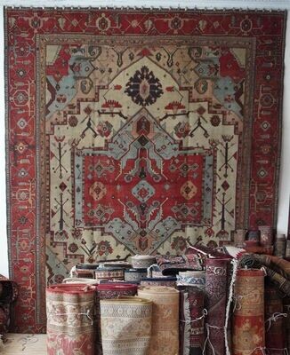 Rare Antique 1850s Persian Heriz Serapi Hand Knotted Wool Ivory Oriental Rug 10' x 12'7"