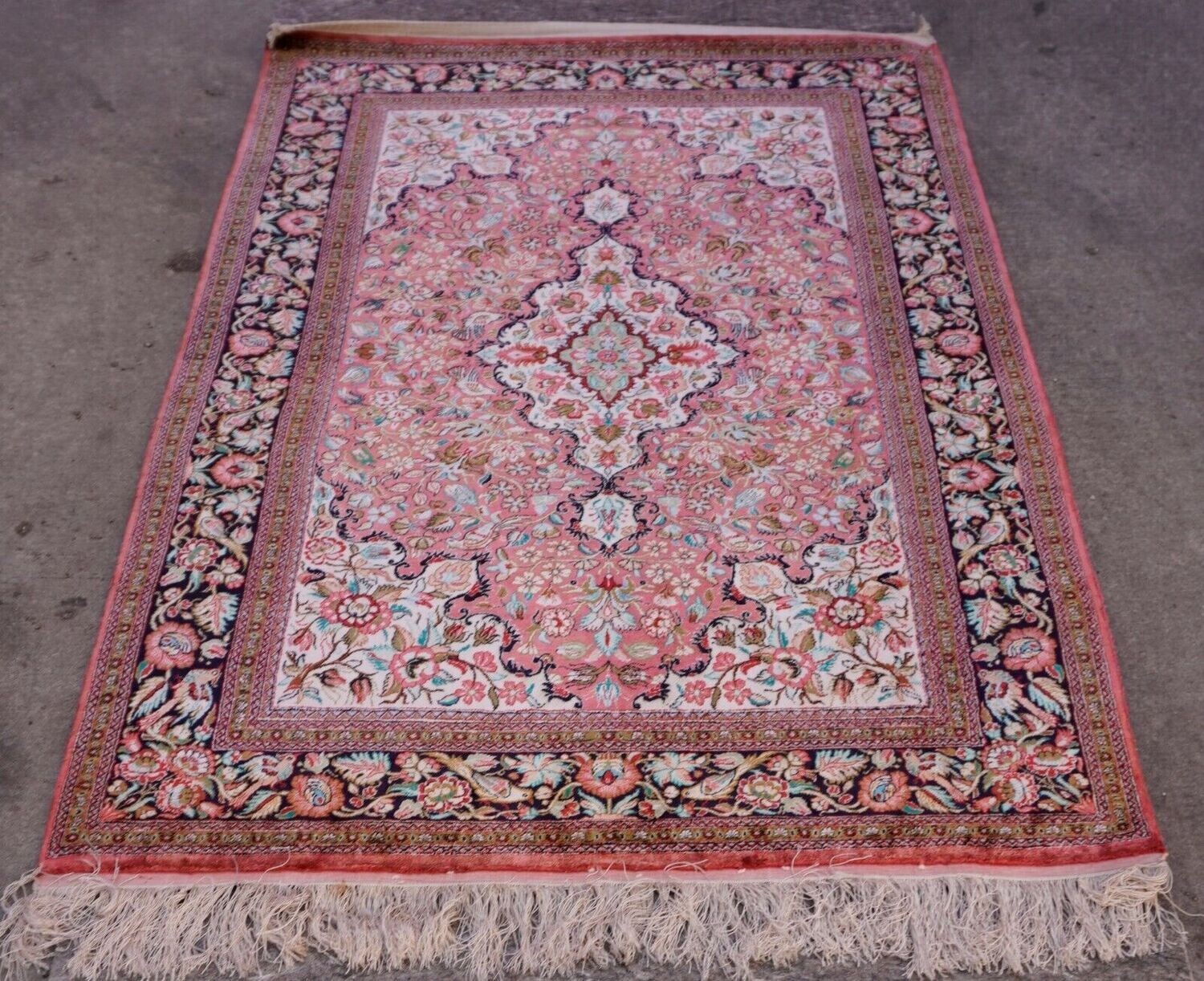 3'6" x 5'3" Pure Silk Perisan Hand Knotted Rug with Birds Flowers