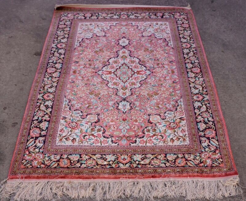 3'6" x 5'3" Pure Silk Perisan Hand Knotted Rug with Birds Flowers