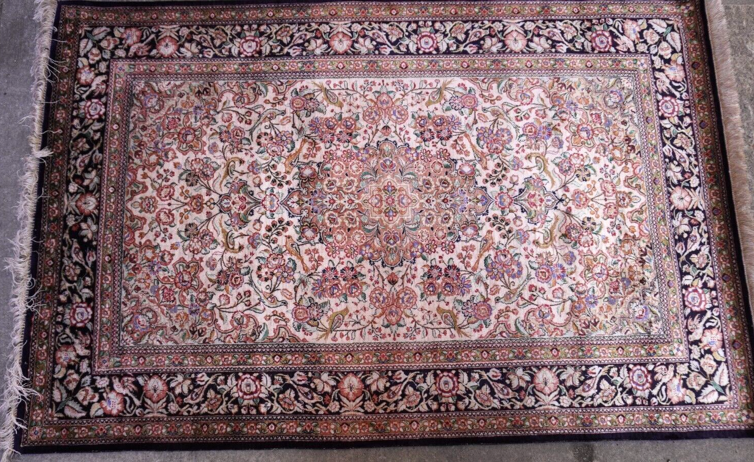 Fine Pure Silk Persian Qum 3'6" x 5'4" Hand Knotted Rug with Birds Flowers