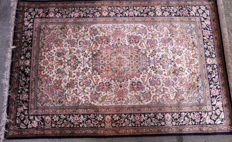Fine Pure Silk Persian Qum 3'6" x 5'4" Hand Knotted Rug with Birds Flowers