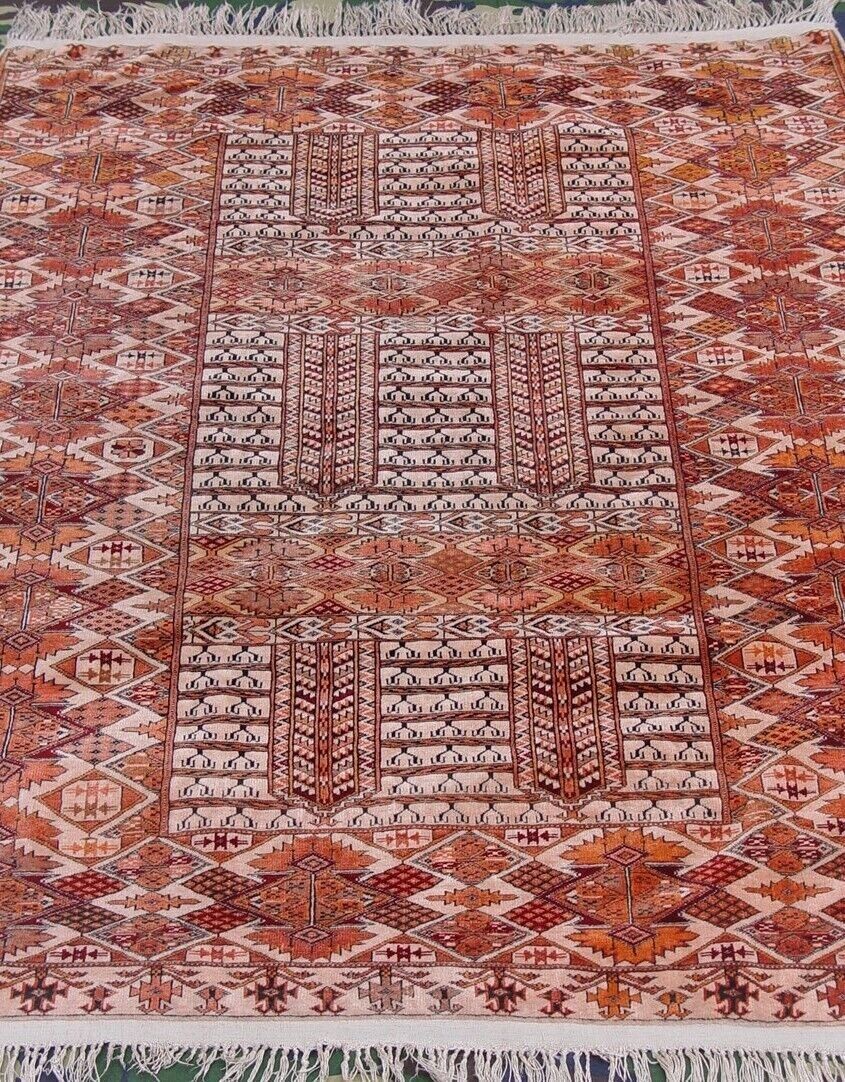 4'6"x 6' Turkmen Ensi Yomud Vintage Tribal Hand Knotted Wool Rug Silk Foundation