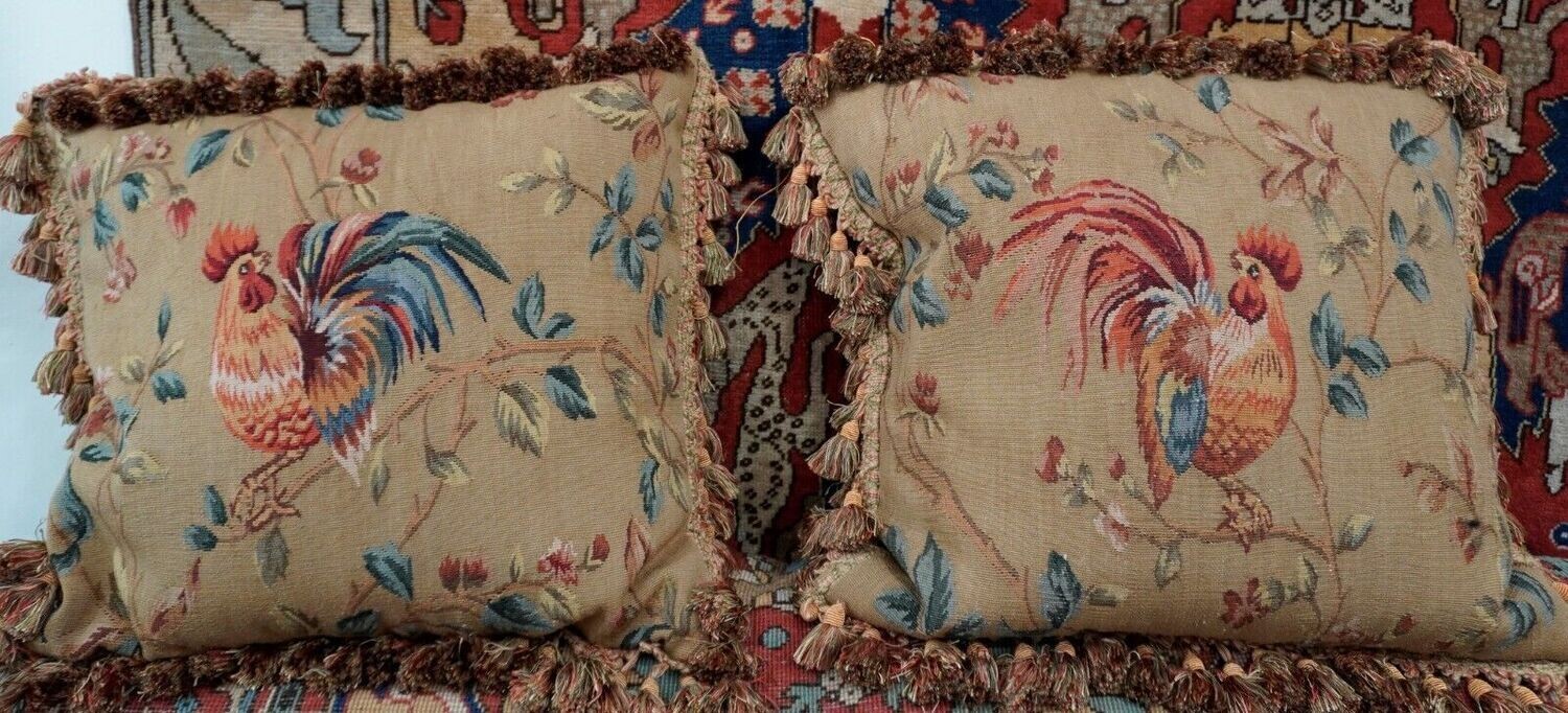Set of Two Aubusson Tapestry Pillows (20" x 20" inch) Rooster Left/Right with Feather Filling & Zipper